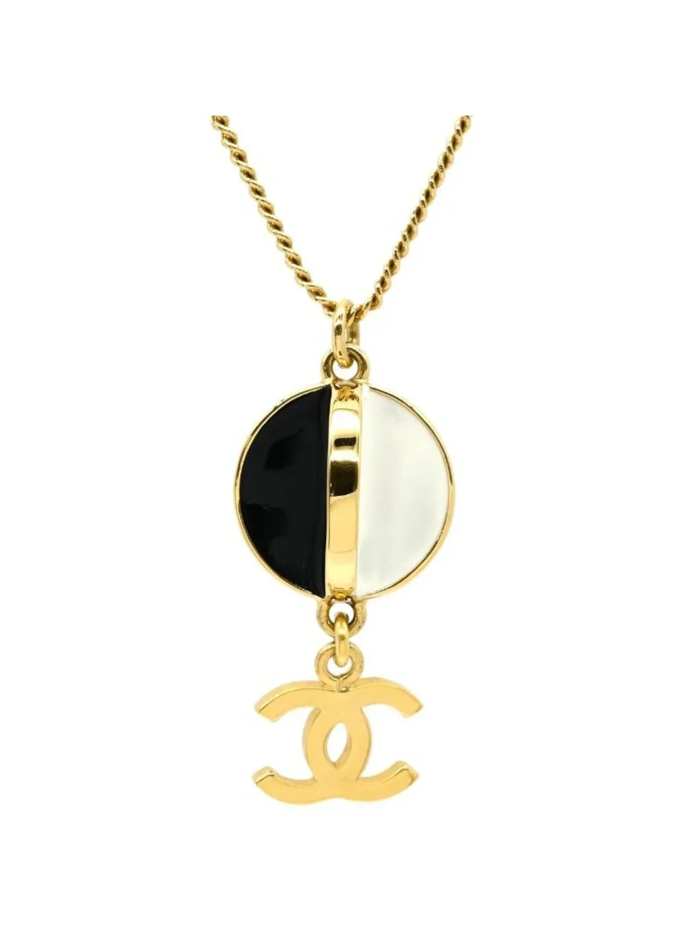Chanel Necklace Rhinestone CC Logo Lacquer White Black Gold CC Mark Swing